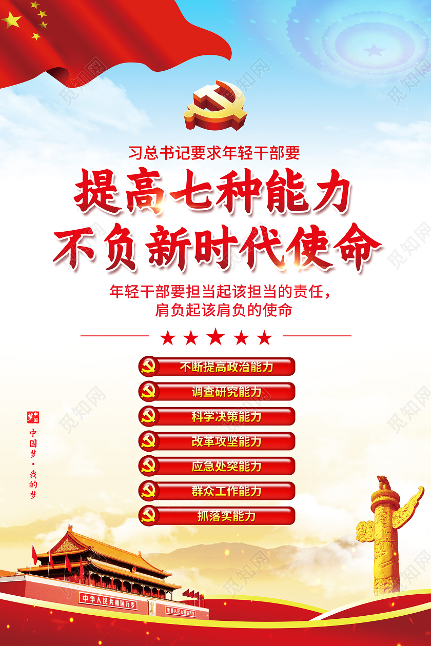 红色简约提高七种能力不负新时代使命党政党建党课宣传海报