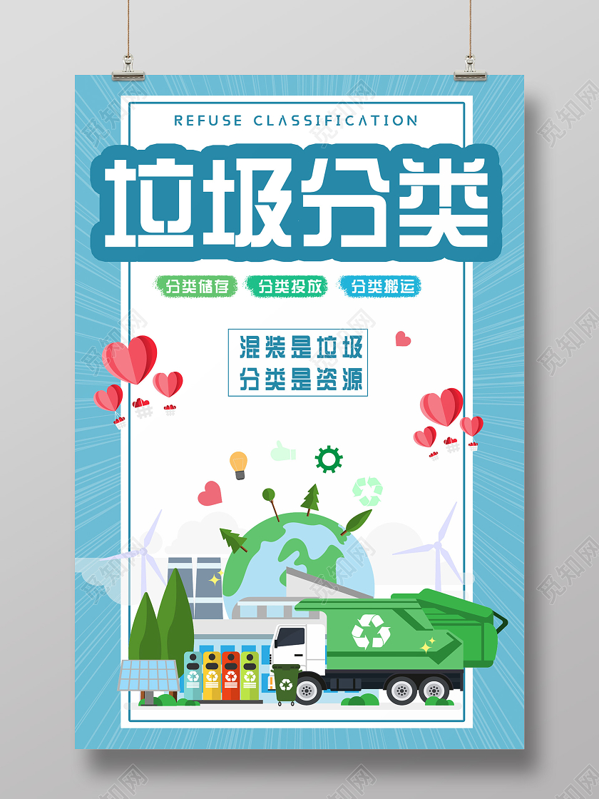 蓝色小清新垃圾分类海报
