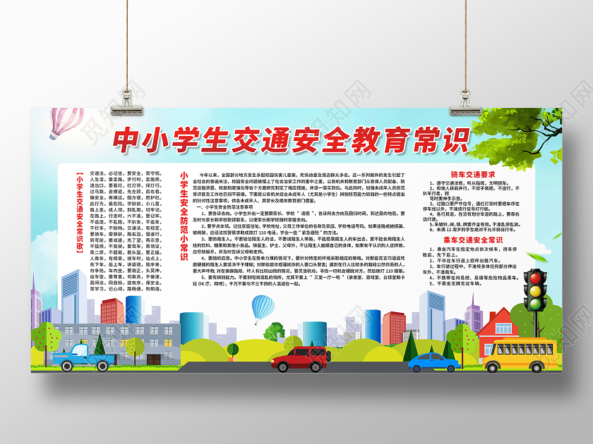 绿色卡通中小学生交通安全教育常识小学生交通安全展板