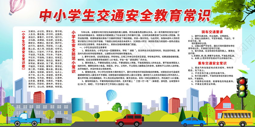 绿色卡通中小学生交通安全教育常识小学生交通安全展板