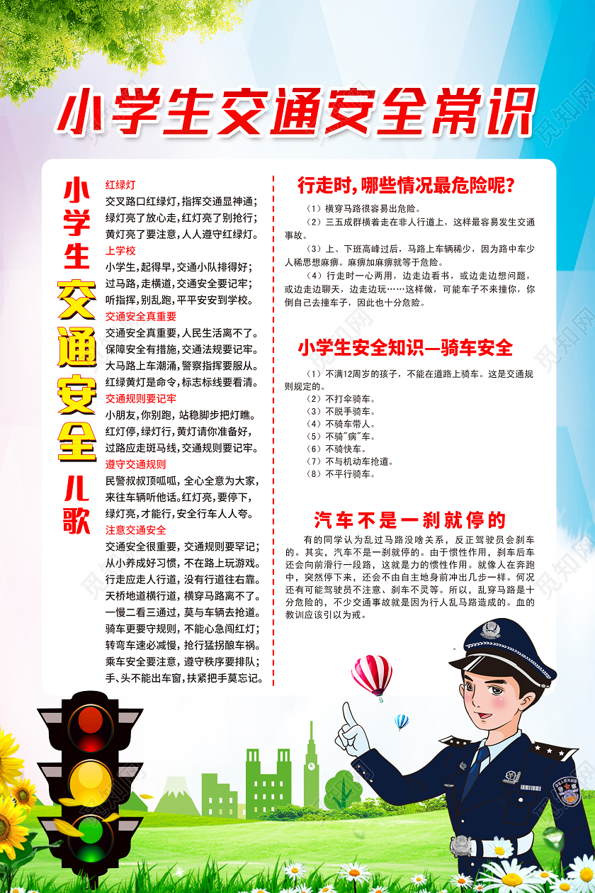 绿色卡通小学生交通安全常识小学生交通安全海报