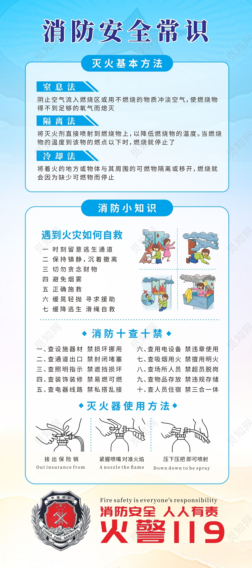 蓝色简约背景消防安全常识宣传展架消防展架