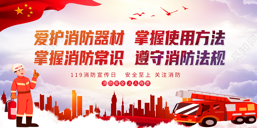 红色简约爱护消防器材掌握使用方法消防标语展板