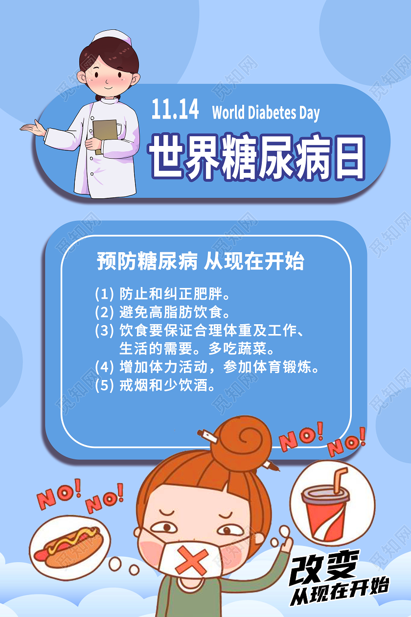 蓝色卡通世界糖尿病日海报