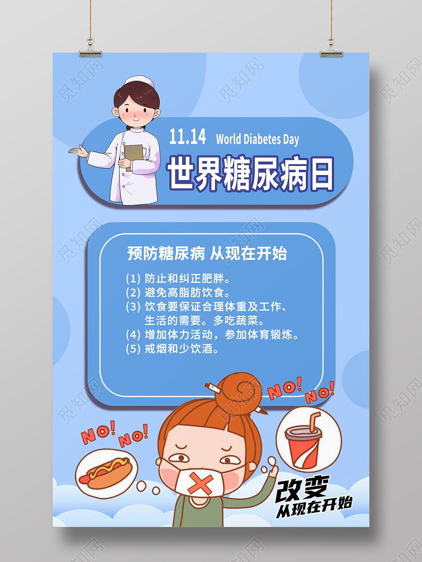 蓝色卡通世界糖尿病日海报