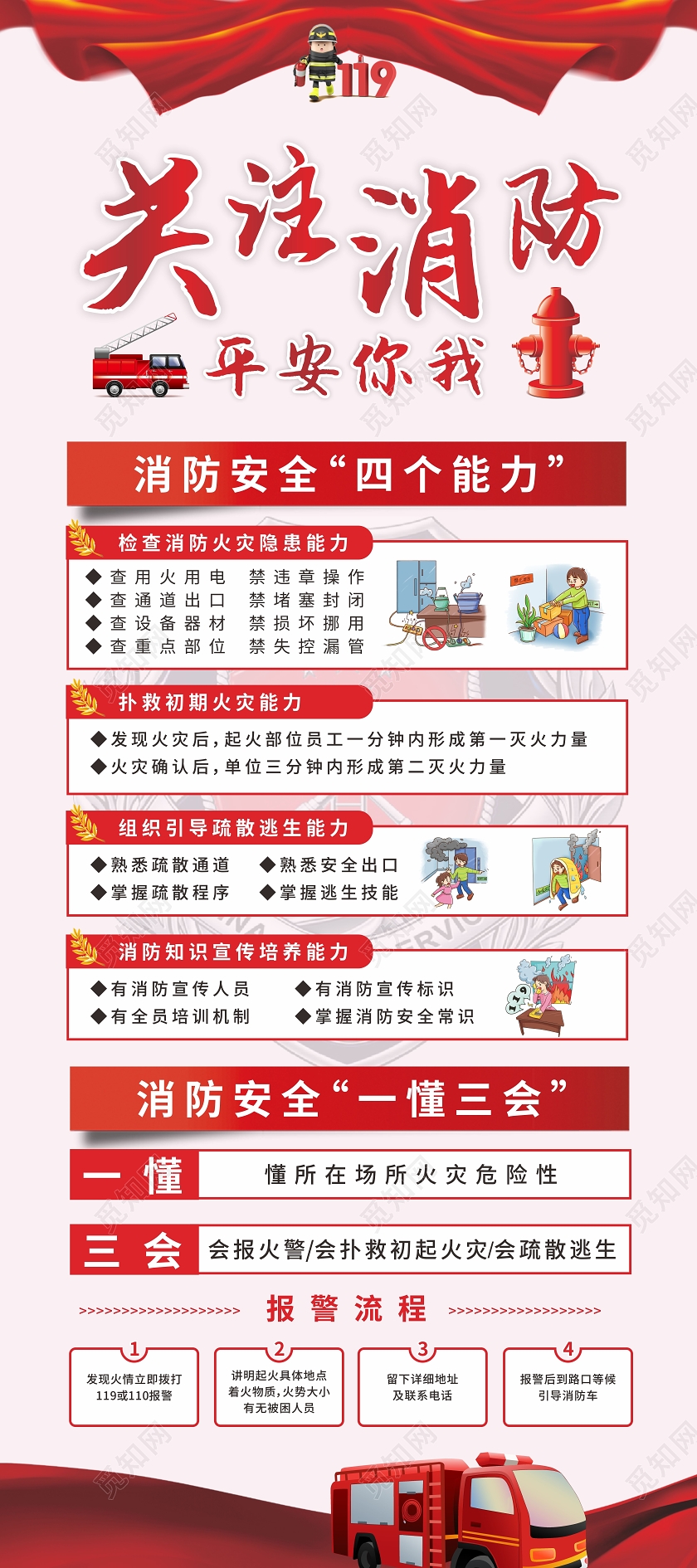 红色丝带消防插画关注消防平安你我消防知识宣传展架消防展架