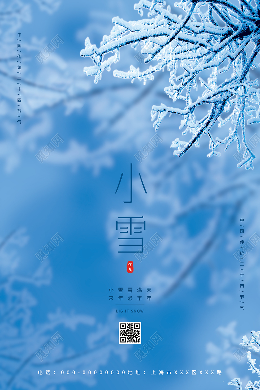 蓝色意境小雪24二十四节气海报