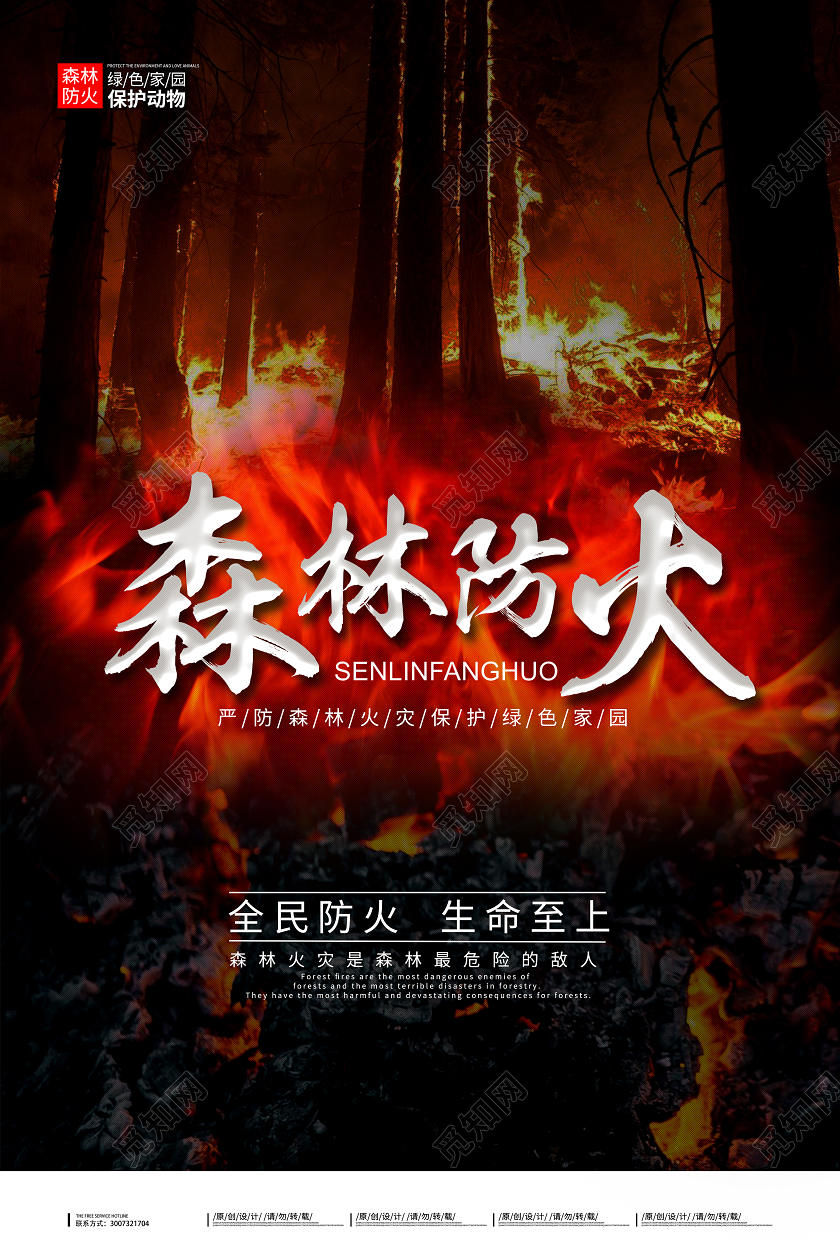 红黑色简约实景森林防火森林消防宣传海报