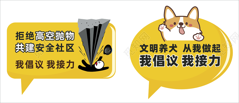 黄色卡通高空抛物文明养犬对话框提示牌文明养犬标识牌
