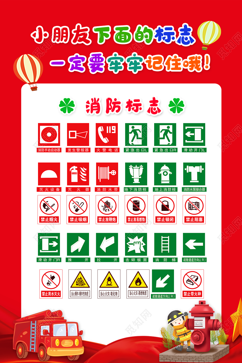红色卡通幼儿园消防安全消防标志海报设计
