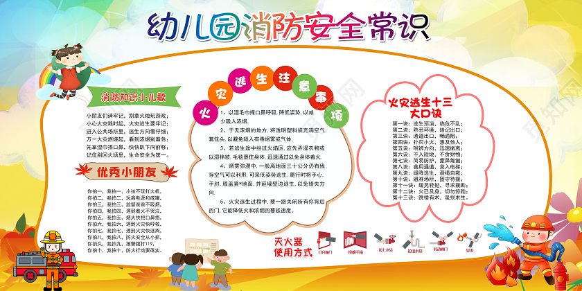 彩色卡通幼儿园消防安全知识消防安全宣传栏设计