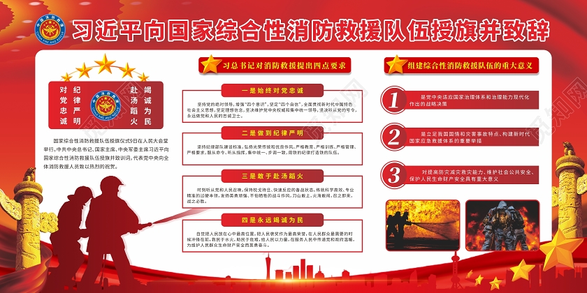红色党建风格消防背景消防救援授旗展板消防授旗