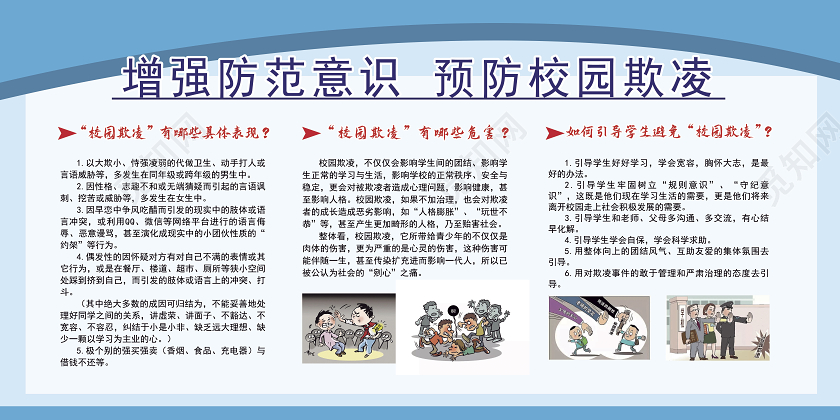 蓝色卡通拒绝校园欺凌宣传栏