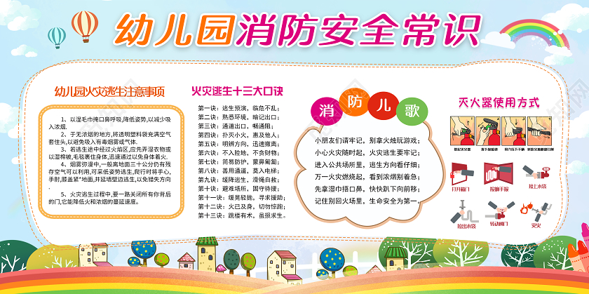 彩色卡通幼儿园消防安全知识消防安全宣传栏设计