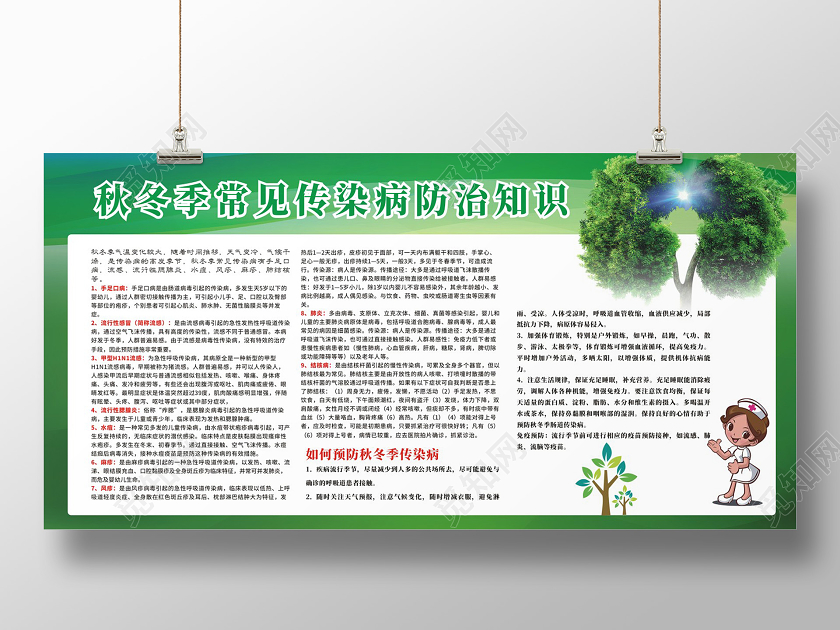 绿色清新秋冬季常见传染病预防知识秋冬季传染病预防知识展板