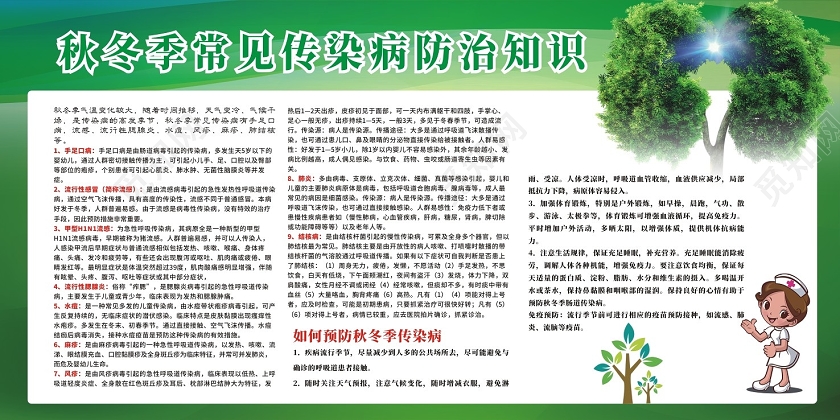 绿色清新秋冬季常见传染病预防知识秋冬季传染病预防知识展板