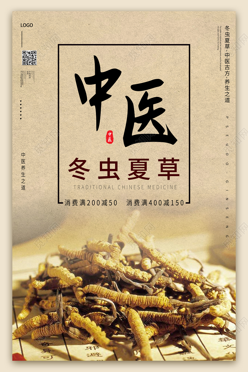 灰色复古中医冬虫夏草宣传海报中医药海报