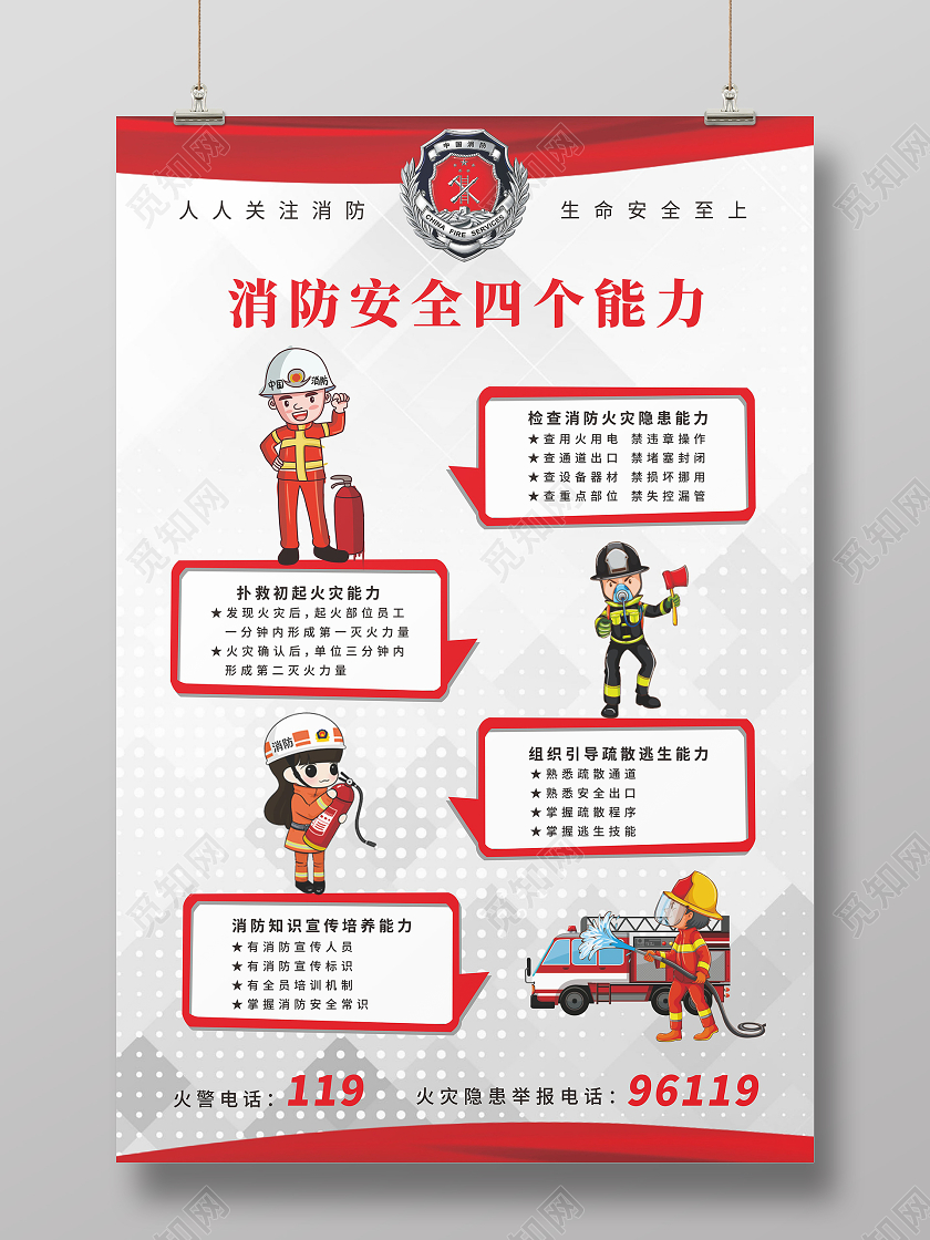 简约背景消防安全能力消防员插画海报消防安全四个能力建设
