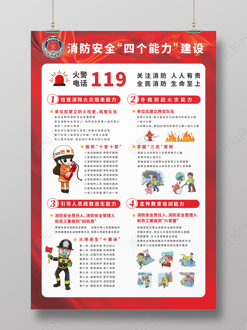 红色大气消防背景消防安全知识宣传海报消防安全四个能力建设