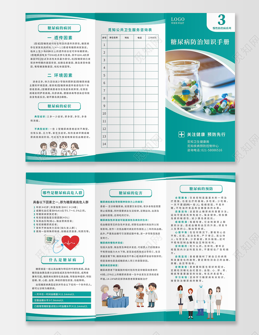 绿色医疗背景医生插画糖尿病疾病与健康折页糖尿病三折页