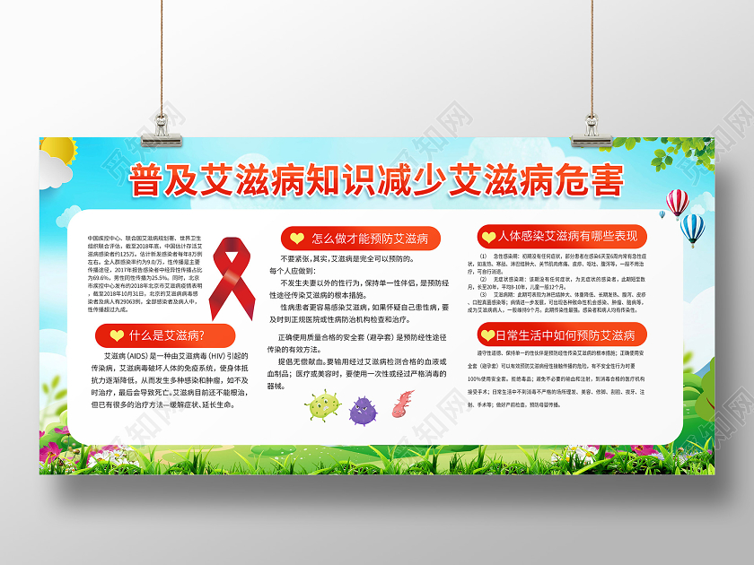 蓝绿色小清新大气普及艾滋病知识减少艾滋病危害宣传栏设计