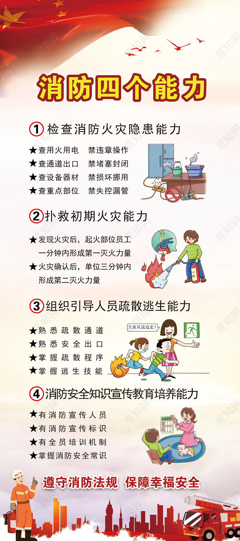 红色大气消防四个能力消防安全四个能力建设易拉宝展架