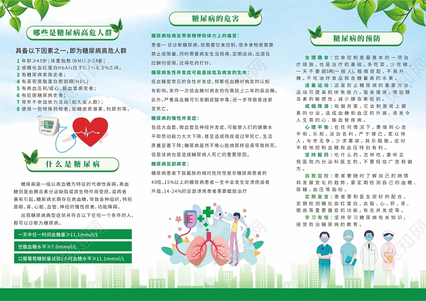 绿色健康文明背景糖尿病治疗与预防知识折页糖尿病三折页