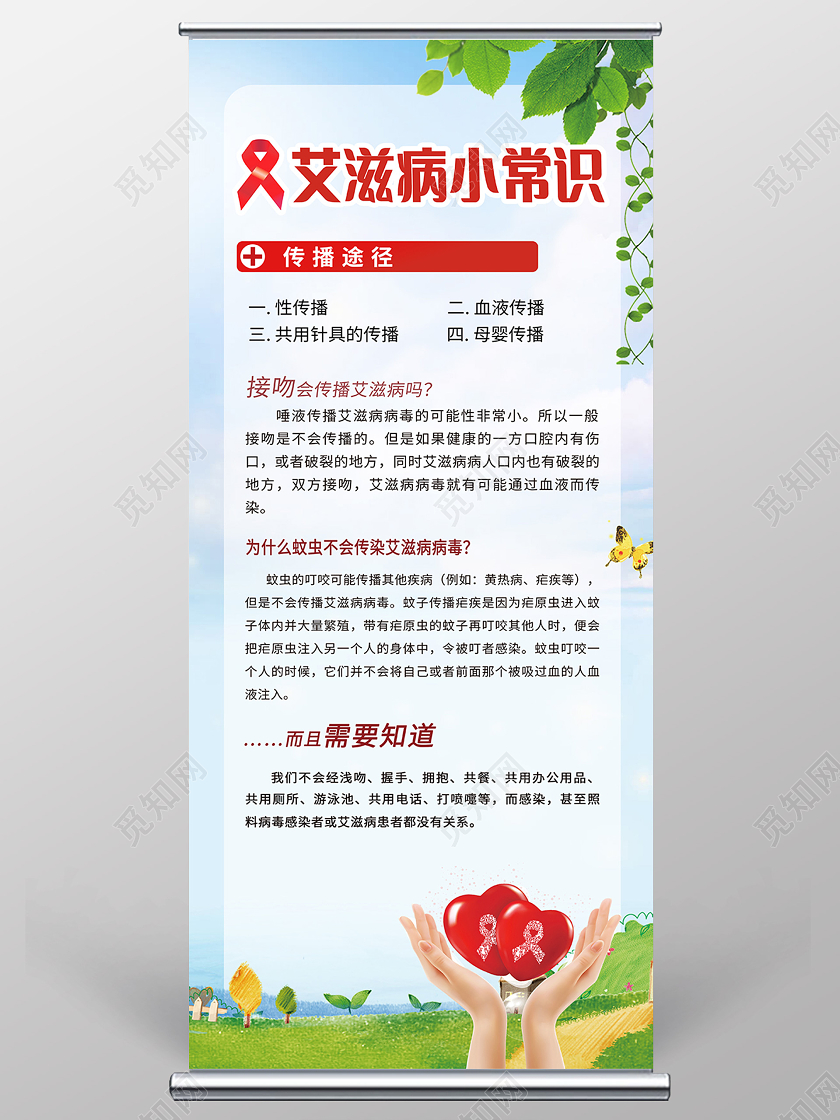 绿色卡通艾滋病小常识艾滋病展架易拉宝