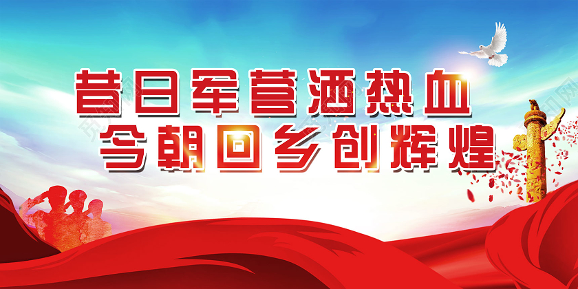 红色昔日军营洒热血今朝回乡创辉煌退伍军人标语展板党建党政党课