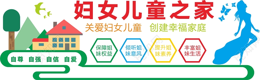绿色创意卡通风妇女儿童之家妇女之家文化墙