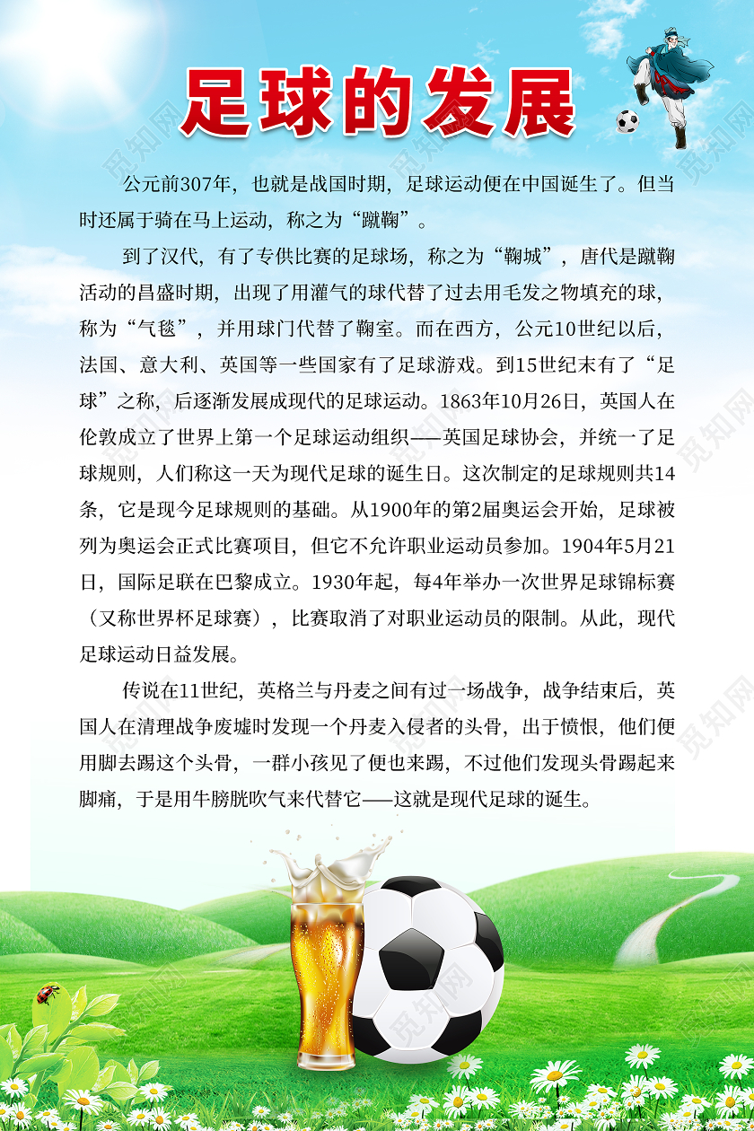 蓝色清新简约足球的发展海报校园足球文化