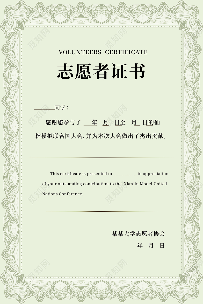 浅绿色简洁大气志愿者证书设计