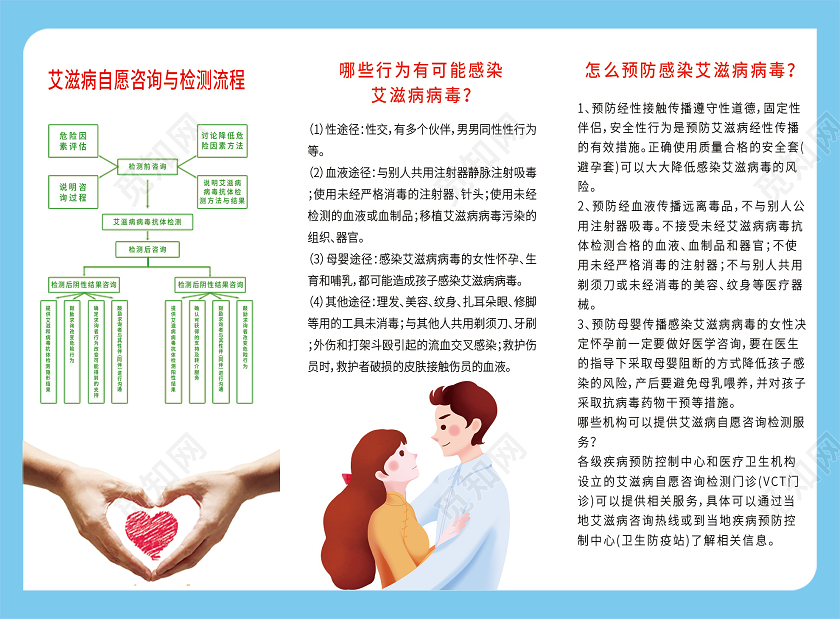 蓝色大气艾滋病咨询检测指南宣传三折页艾滋病三折页