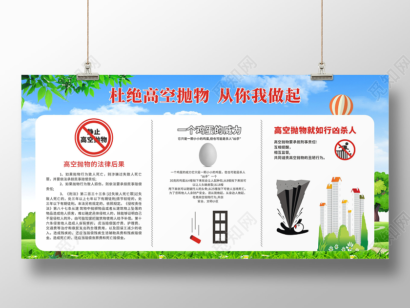 绿色简约杜绝高空抛物 从你我做起高空抛物展板