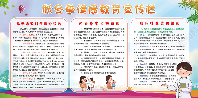 卡通创意秋冬季健康教育宣传栏海报