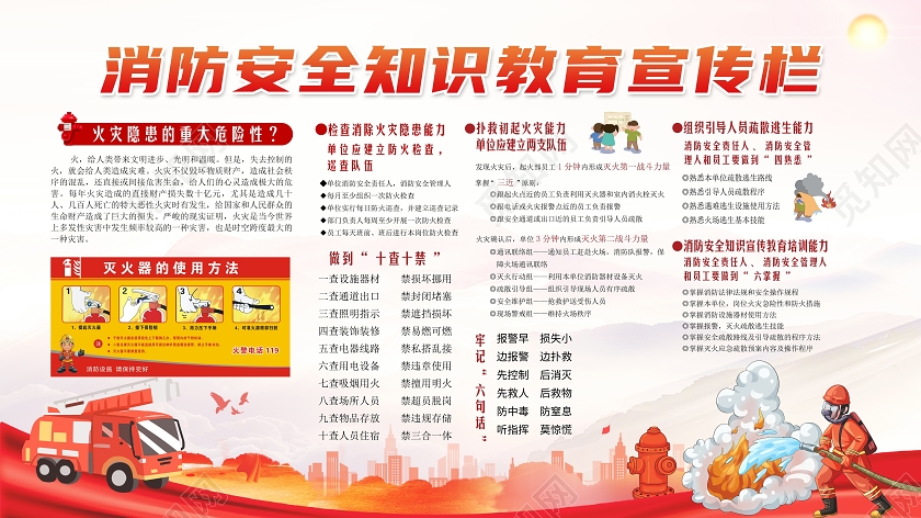 淡红色大气消防安全知识教育宣传栏展板背景板消防知识
