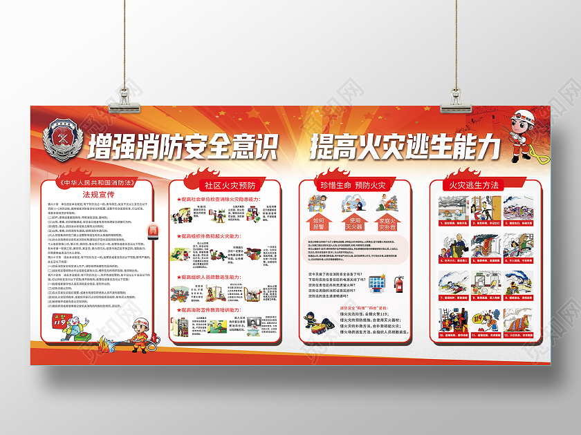 红色党政风消防安全意识火灾自救宣传栏展板消防知识