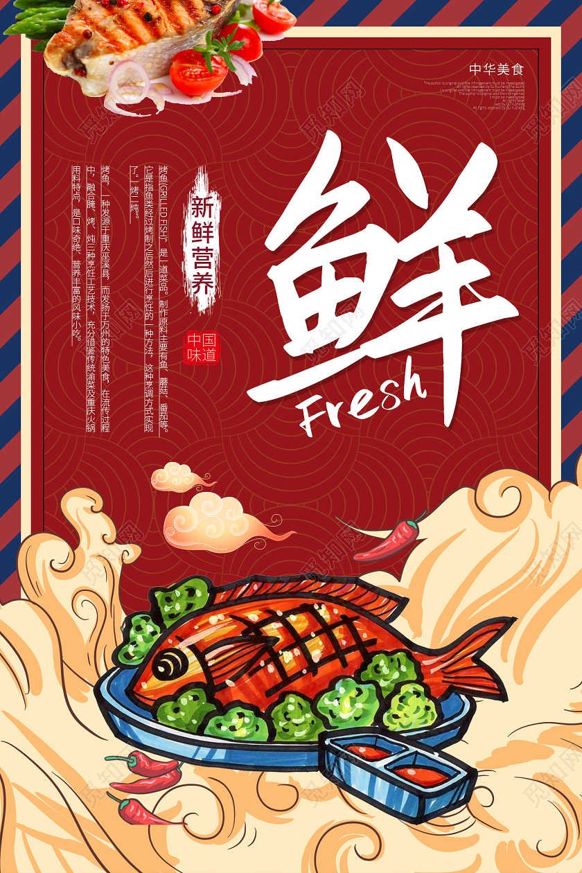 复古国潮风烤鱼美食海报