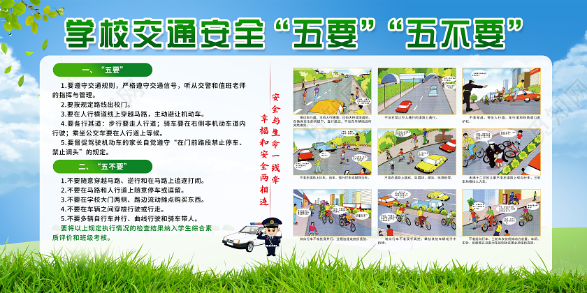 绿色简约校园交通安全五要五不要宣传栏