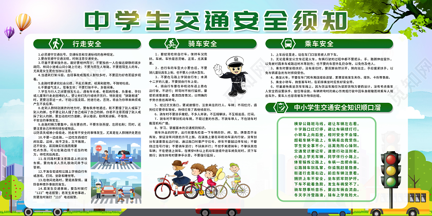 绿色插画校园交通安全中学校交通安全须知宣传栏