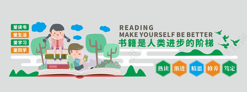 读书插画学习阅读文化墙校园文化墙