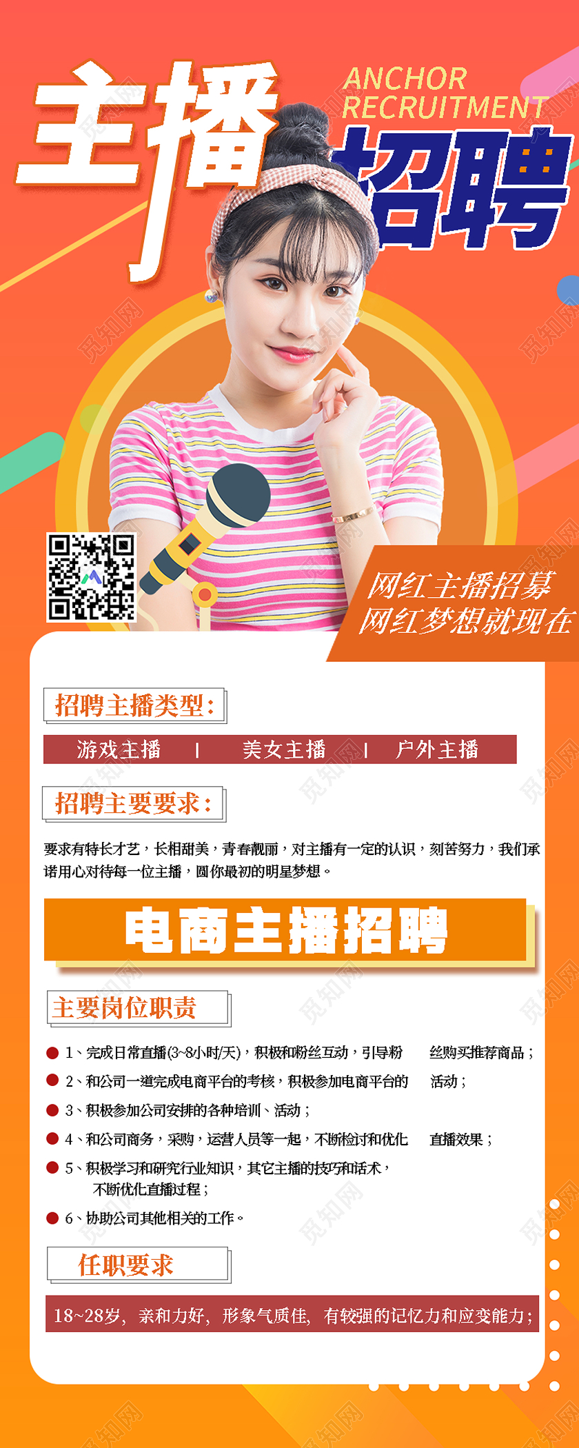 黄色大气主播电商招聘手机海报主播招聘手机海报