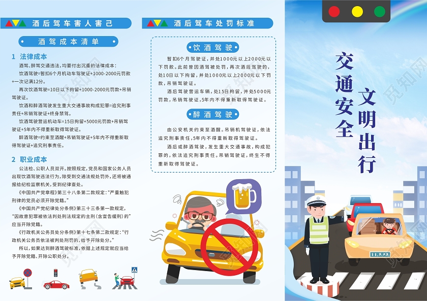 蓝色交通安全教育警察插画三折页交通安全知识三折页