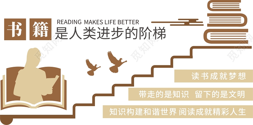 棕色几何剪纸风书籍是人类进步的阶梯校园文化墙