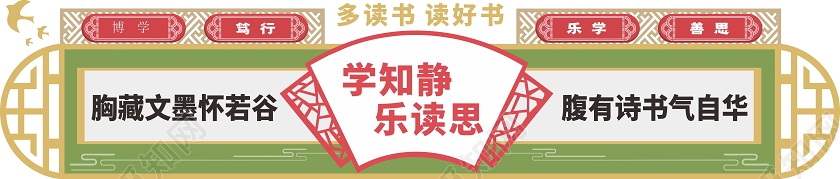 棕绿剪纸中国风学知静乐读思校园文化墙