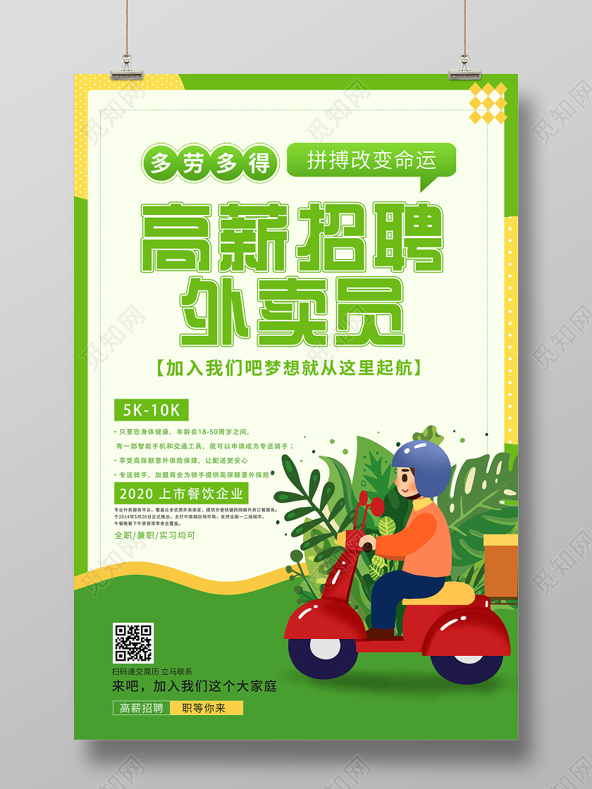 绿色卡通高薪招聘外卖员宣传海报
