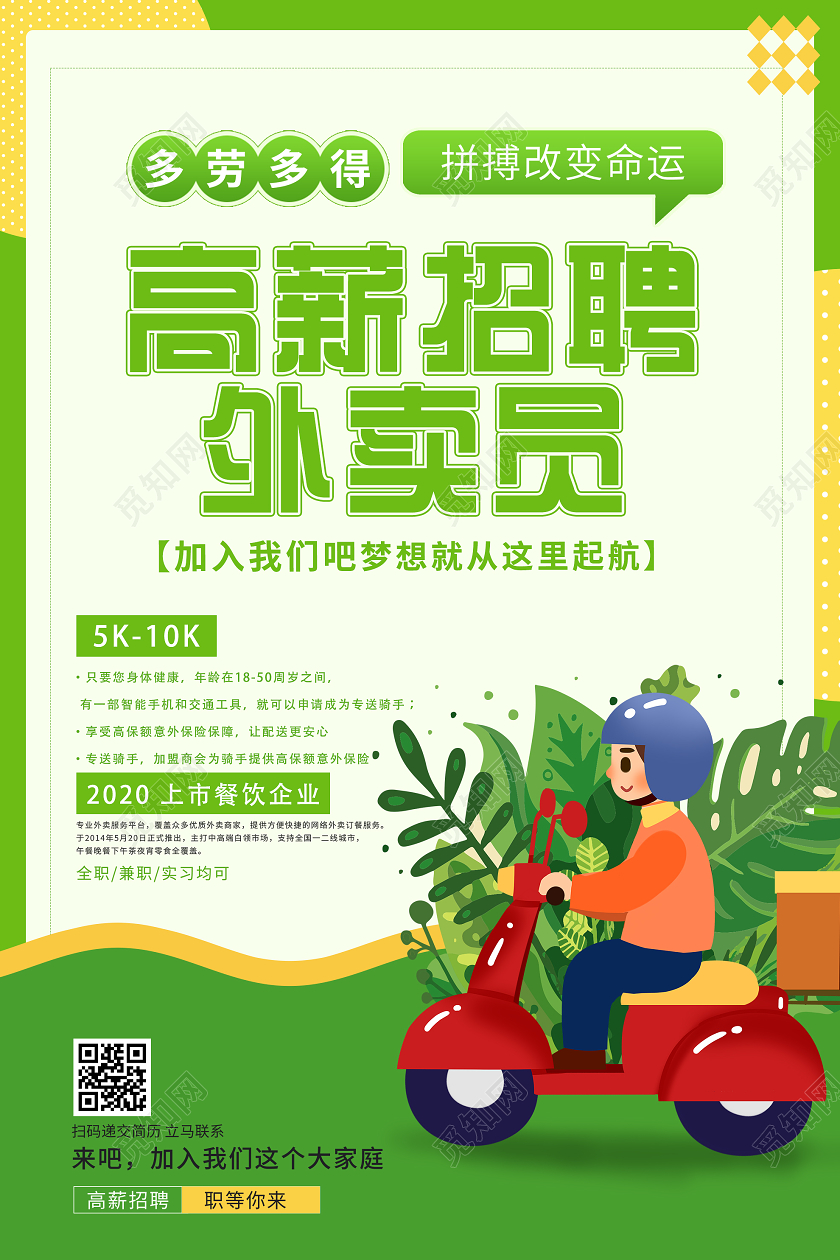 绿色卡通高薪招聘外卖员宣传海报