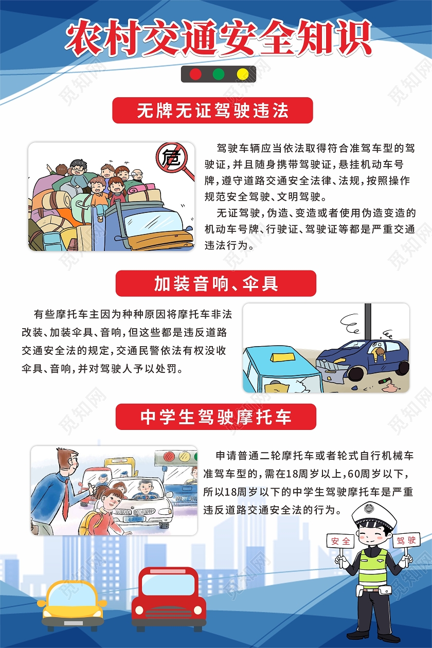 蓝色简约线条背景农村交通安全知识海报