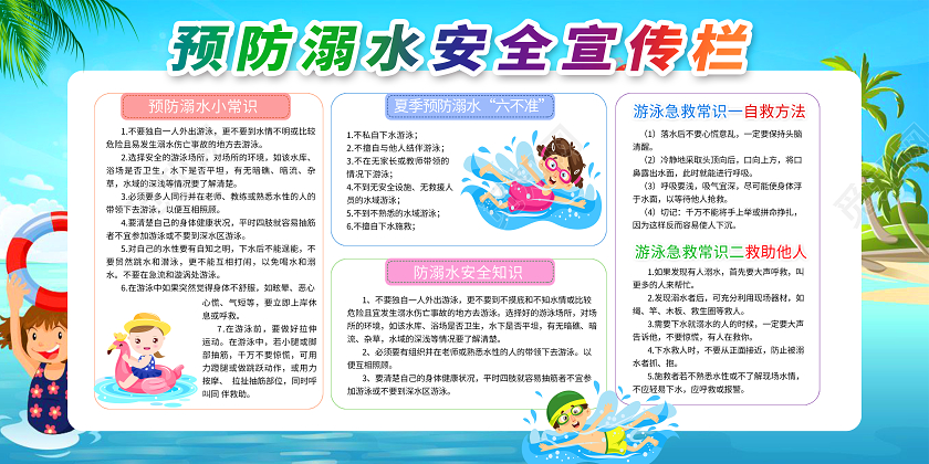 蓝色卡通预防溺水安全宣传栏防溺水展板
