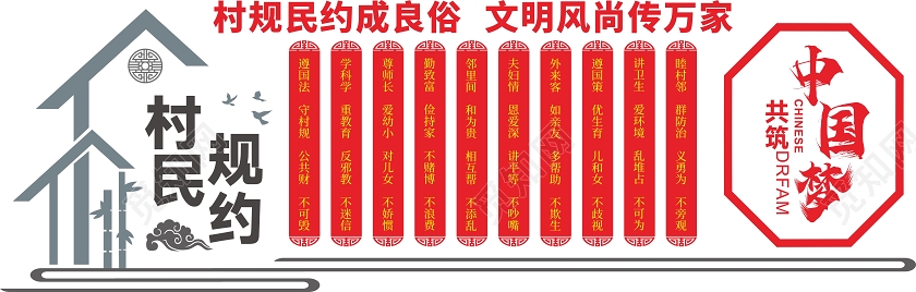 红灰创意中国风村规民约良俗文明风尚传万家村规民约文化墙